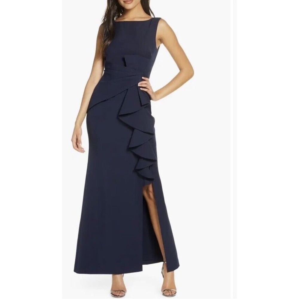 Eliza J Ruffle Front Gown Navy Sleeveless New Size 14